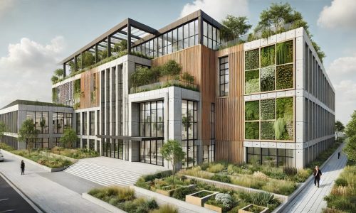 DALL·E-2024-12-18-11.40.09-A-detailed-facade-of-a-modern-school-building-designed-with-biophilic-principles.-The-facade-incorporates-natural-materials-such-as-wood-and-stone-in